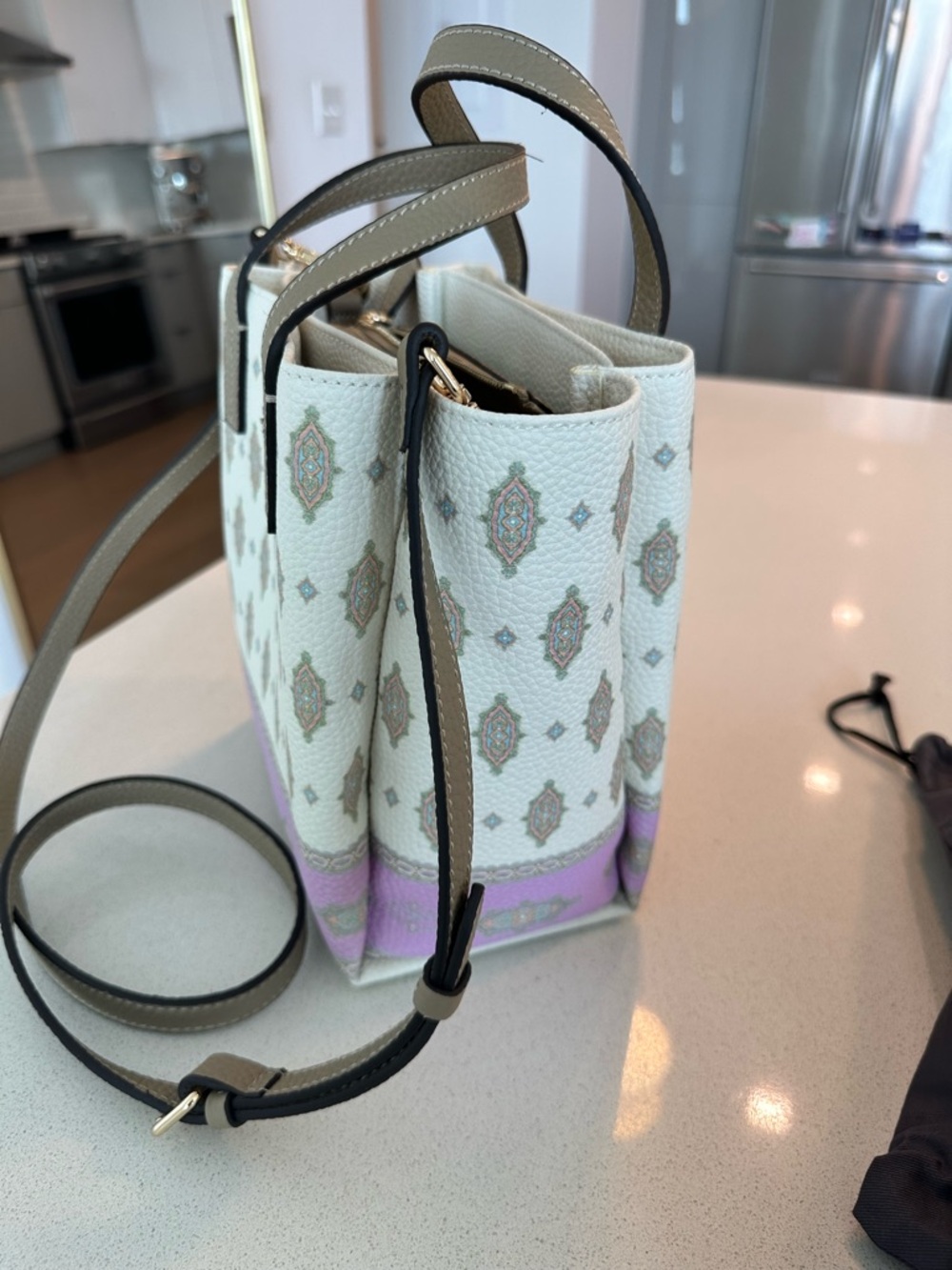 Manoush White and Lavender Kilim Patterned, Ople-Embossed Synthetic Leather Tote - Picture 8 of 13